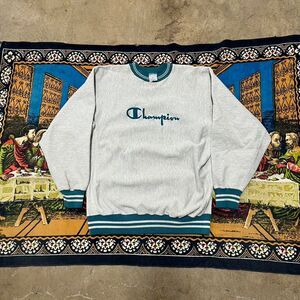 Champion Men's Grey and Blue Sweatshirt Reverse Weave Made In Usa Ringer vintage